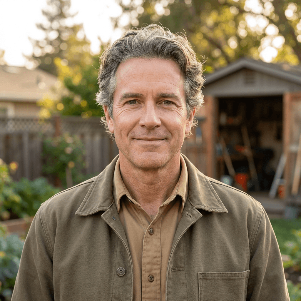 Greg Hensley in a flannel shirt by a barn