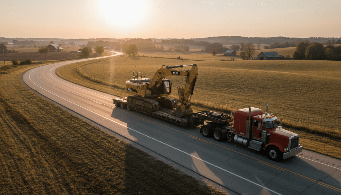 Heavy haul transport truck carrying an excavator on a Kentucky highway