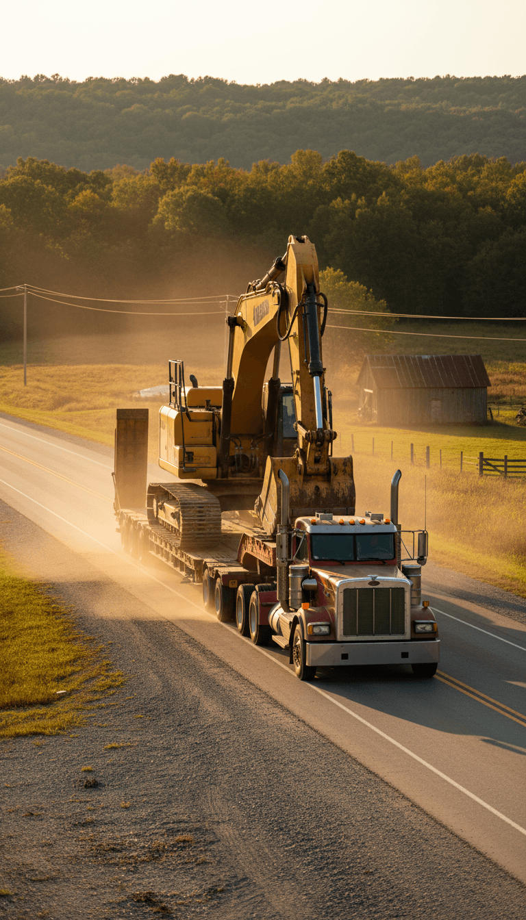 Lowboy trailer hauling a large excavator on a Kentucky highway