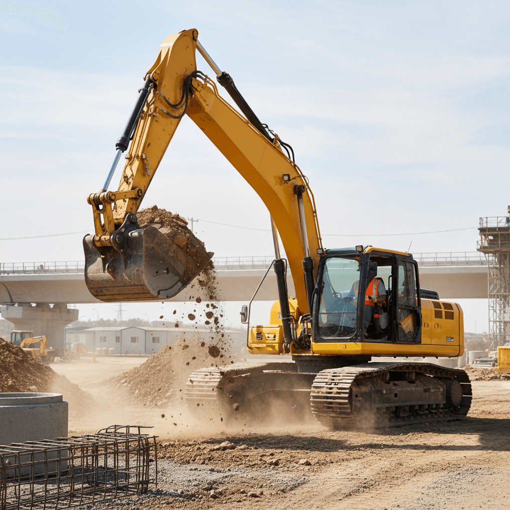 Surveyor measuring an excavator's tracks with a tape measure