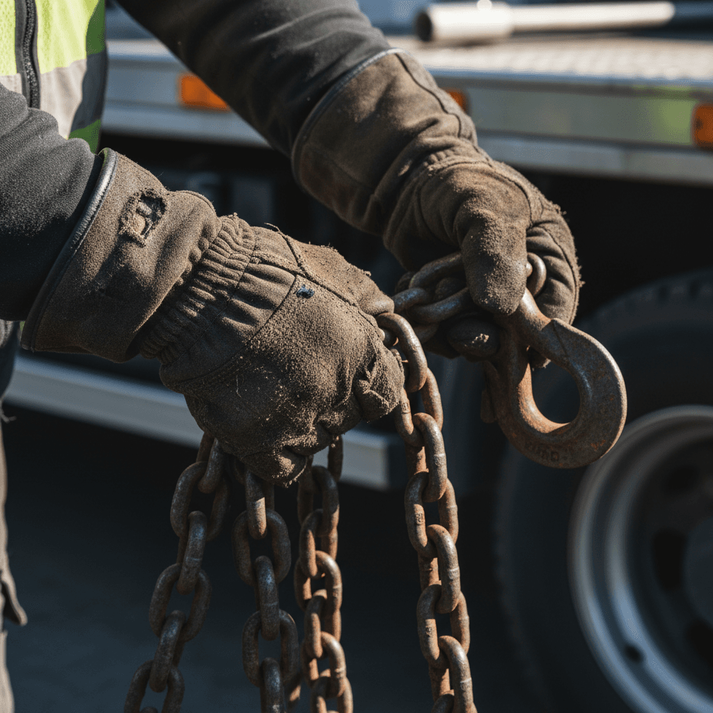 Worker tightening chains securing an excavator on a trailer