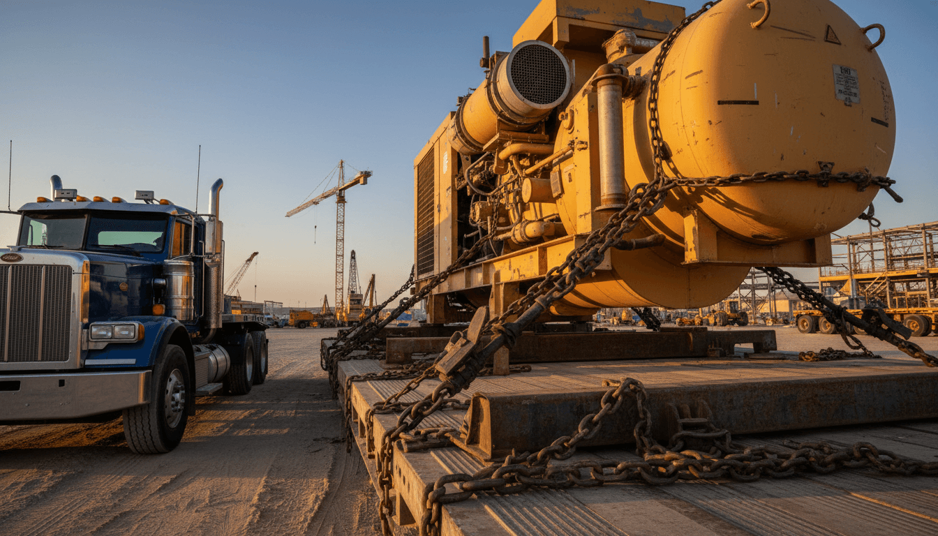 Lowboy trailer carrying a tracked excavator on a gravel lot