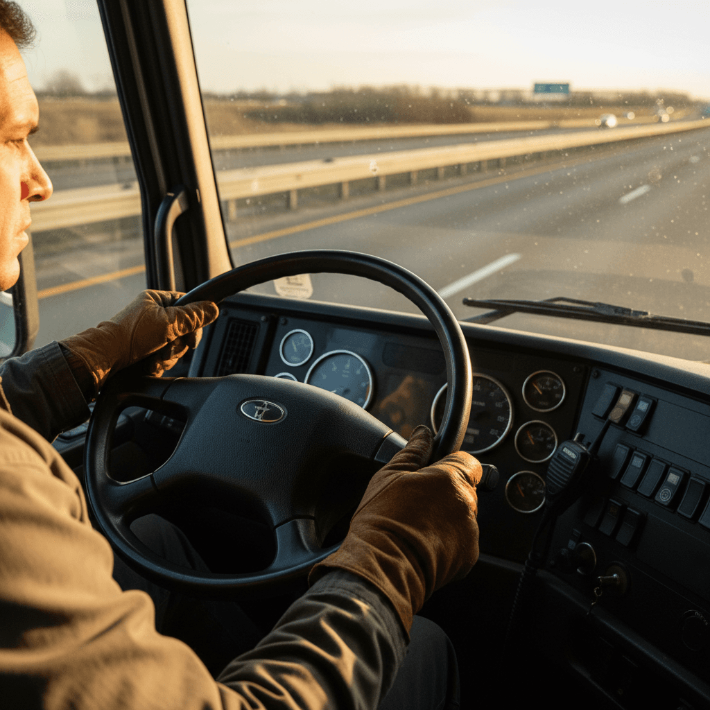 GPS screen in a truck cab showing a highlighted route